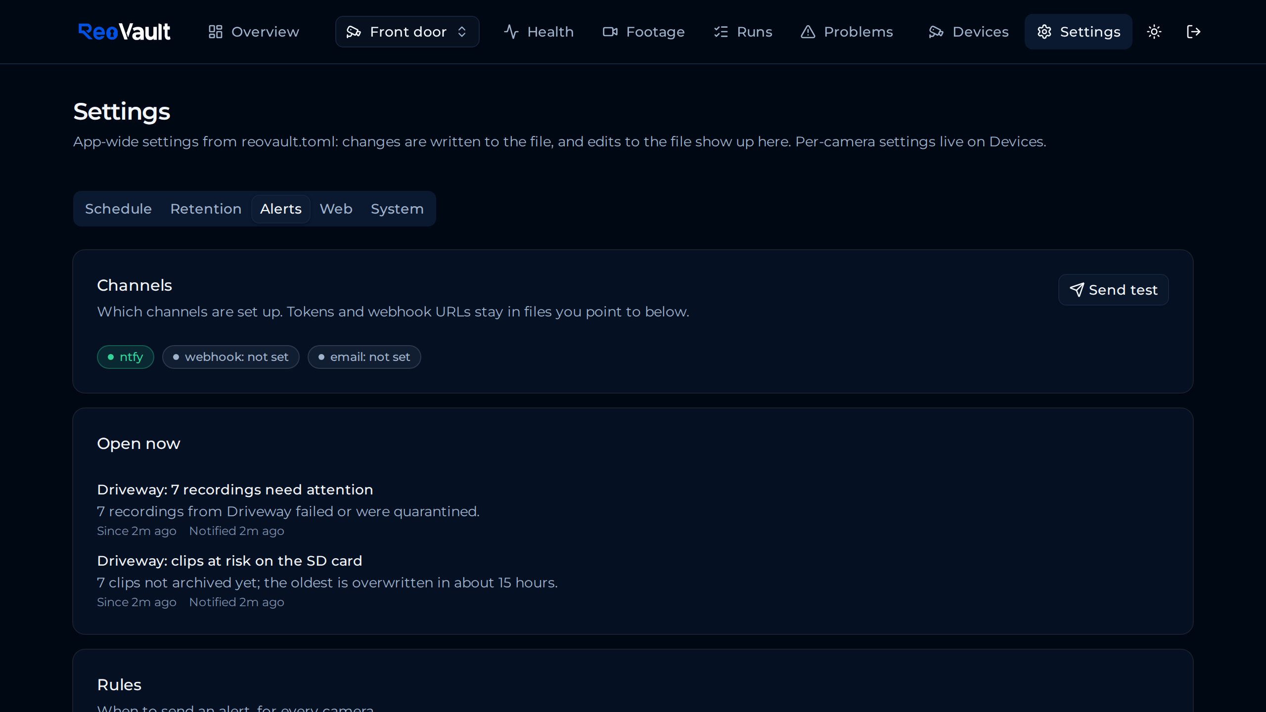 Settings, Alerts: configured channels, alerts open right now, and which conditions alert