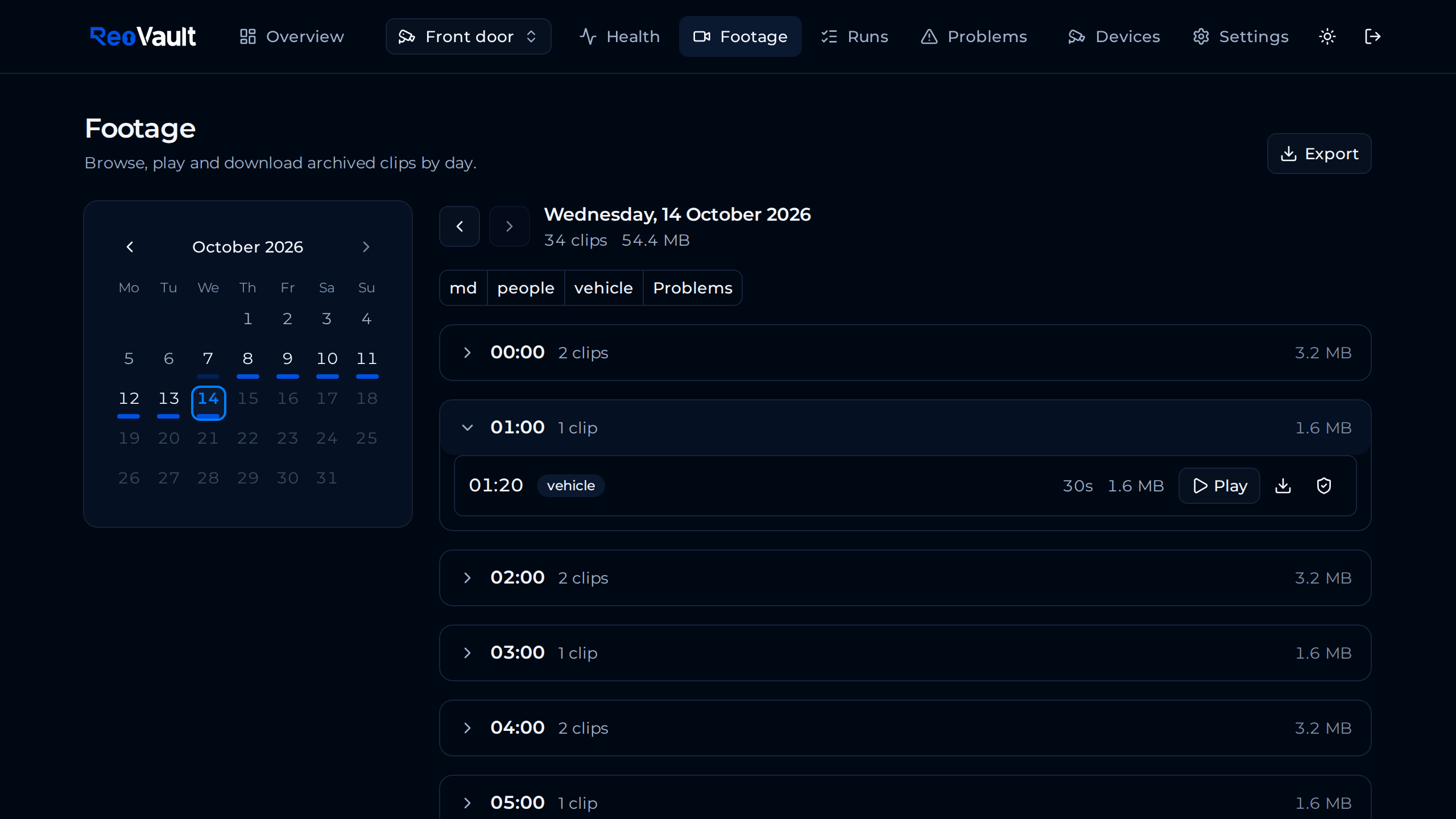 Footage: month calendar with activity per day, clips grouped by hour, filterable by detection type, with export