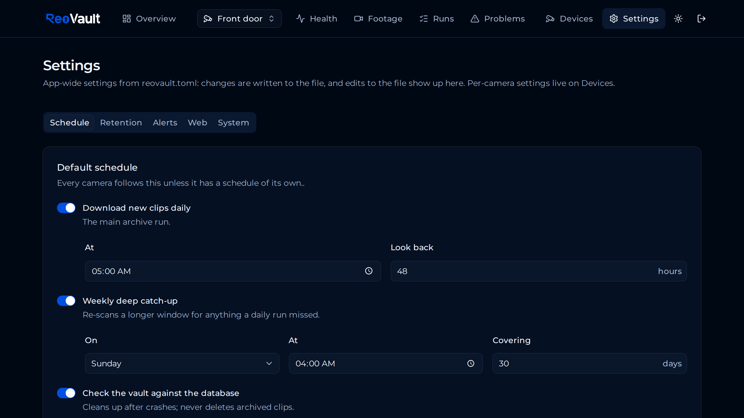 Settings, Schedule: the default archive, deep catch-up, vault check and integrity-scan cadence for every camera